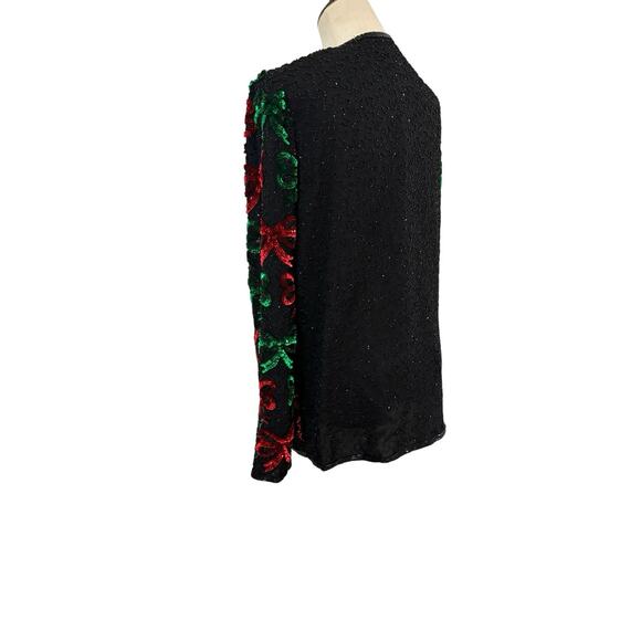 Vtg 80s Lawrence Kazer NY Silk Beaded Jacket Red Green Bows Holiday Partly Sz L - Picture 6 of 10